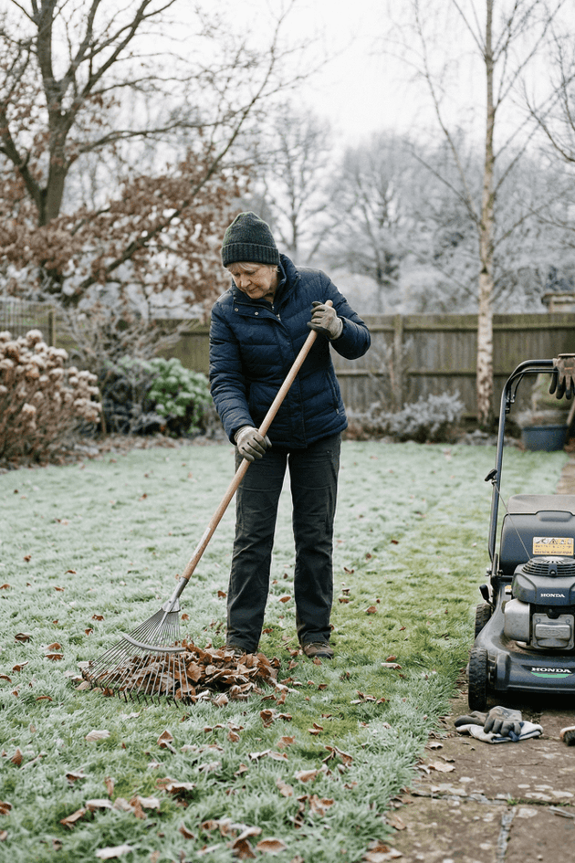 gazononderhoud januari - vrouw harkt bladeren van het gras