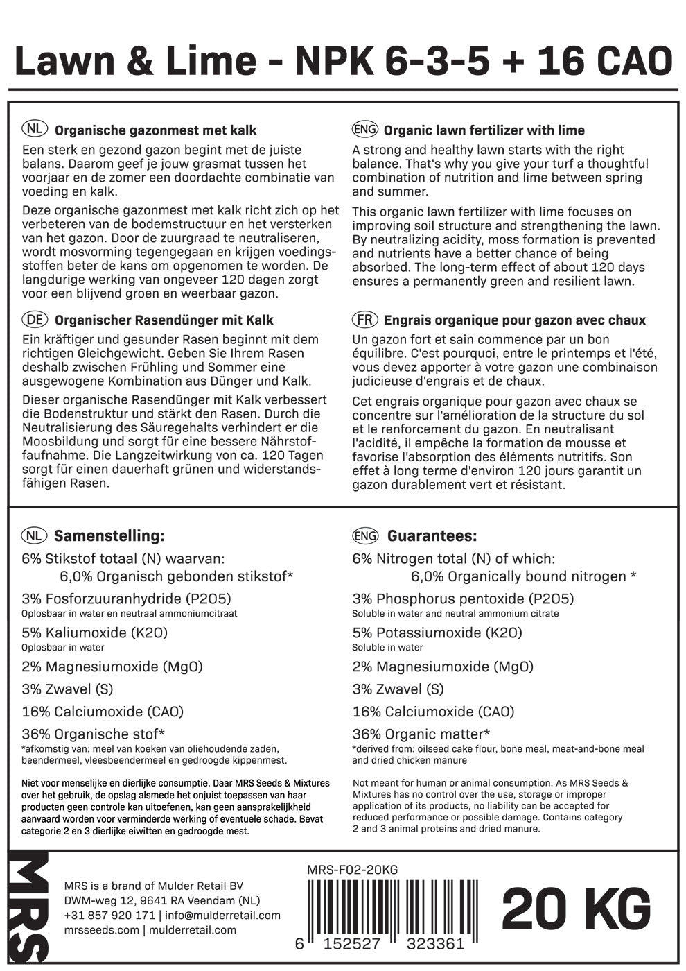 MRS Seeds & Mixtures Lawn & Lime - Organische gazonmest met kalk | 20 kg - 250 m² [nl]
